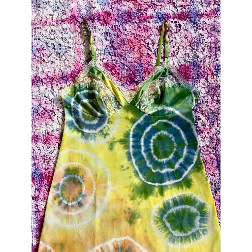 Hand Dyed Vintage Rainbow Multi Color Shibori Dye Slip Dress Reworked Loungewear